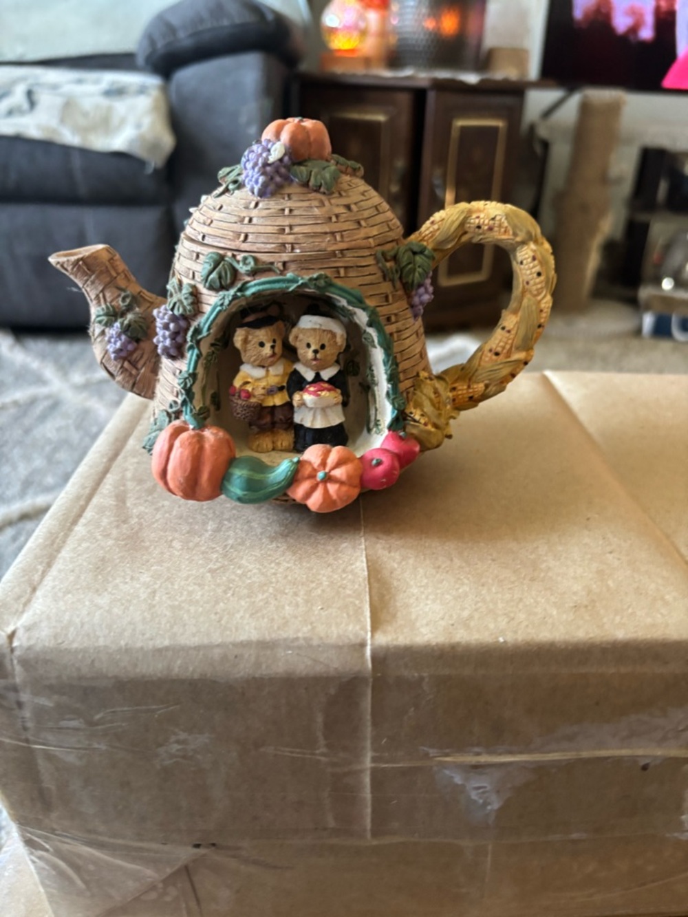 Decorative Harvest Teapot Figurine - Orange, Green, Brown